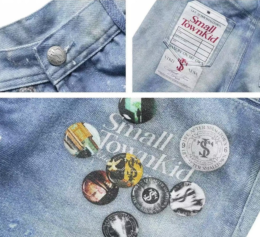 STK Vintage Distressed Wash 3D Badge Print Jeans