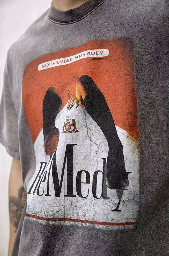 REMEDY Distressed Marlboro Design Short-sleeve T-Shirt