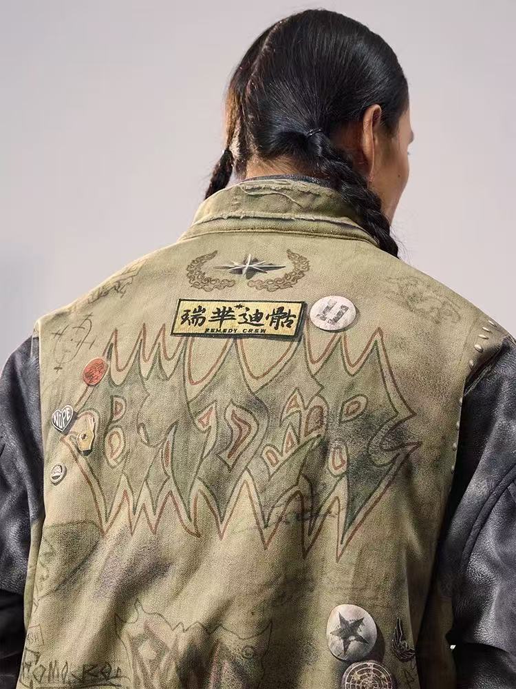 REMEDY Washed Printed Patchwork Bomber Jacket