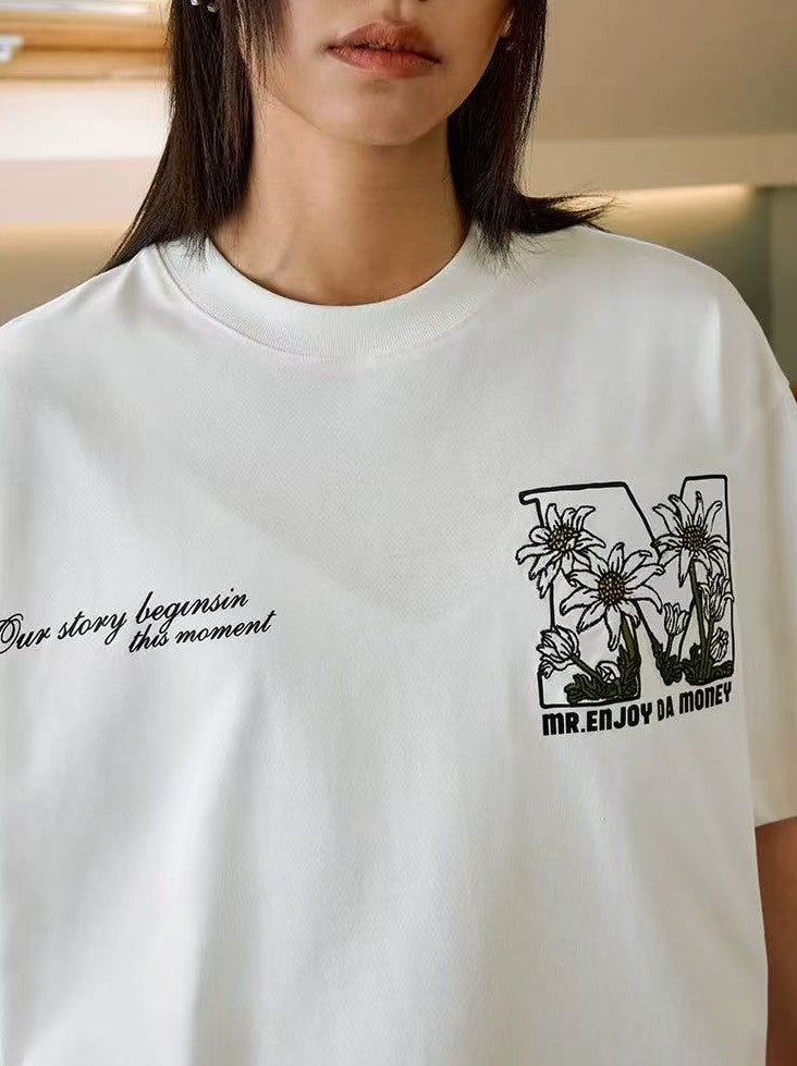 MEDM Large M Hand-painted Daisy Flower Short-sleeved T-shirt