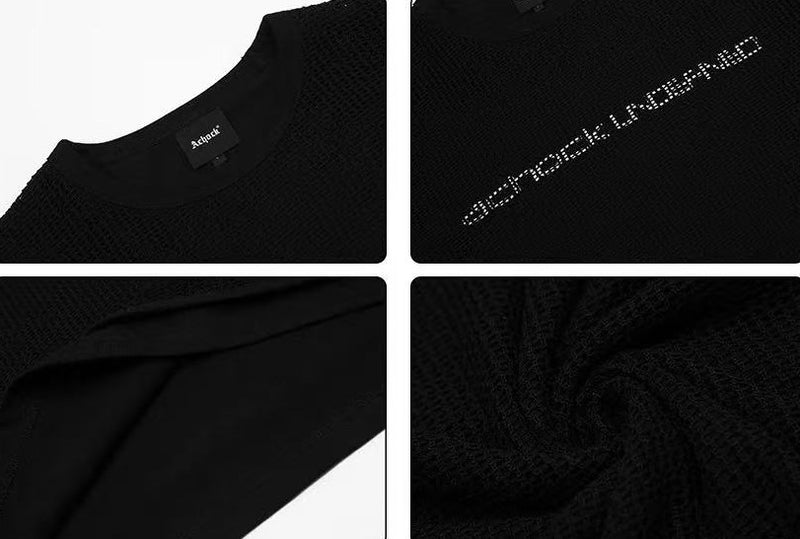 ACHOCK Fake Two-piece Heavy-duty Hollow Printed Long-sleeved T-shirt