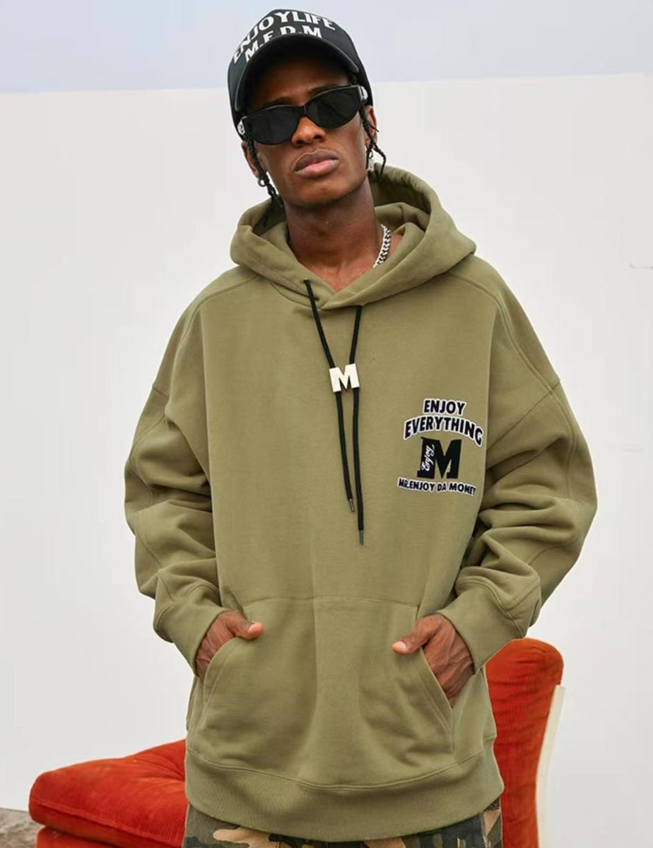 MEDM M Button Drawstring with Letter Print Hoodie