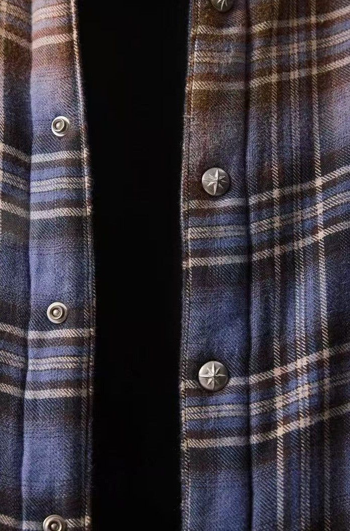 REMEDY Thickened Gradient Distressed Plaid Fur Collar Cotton Coat