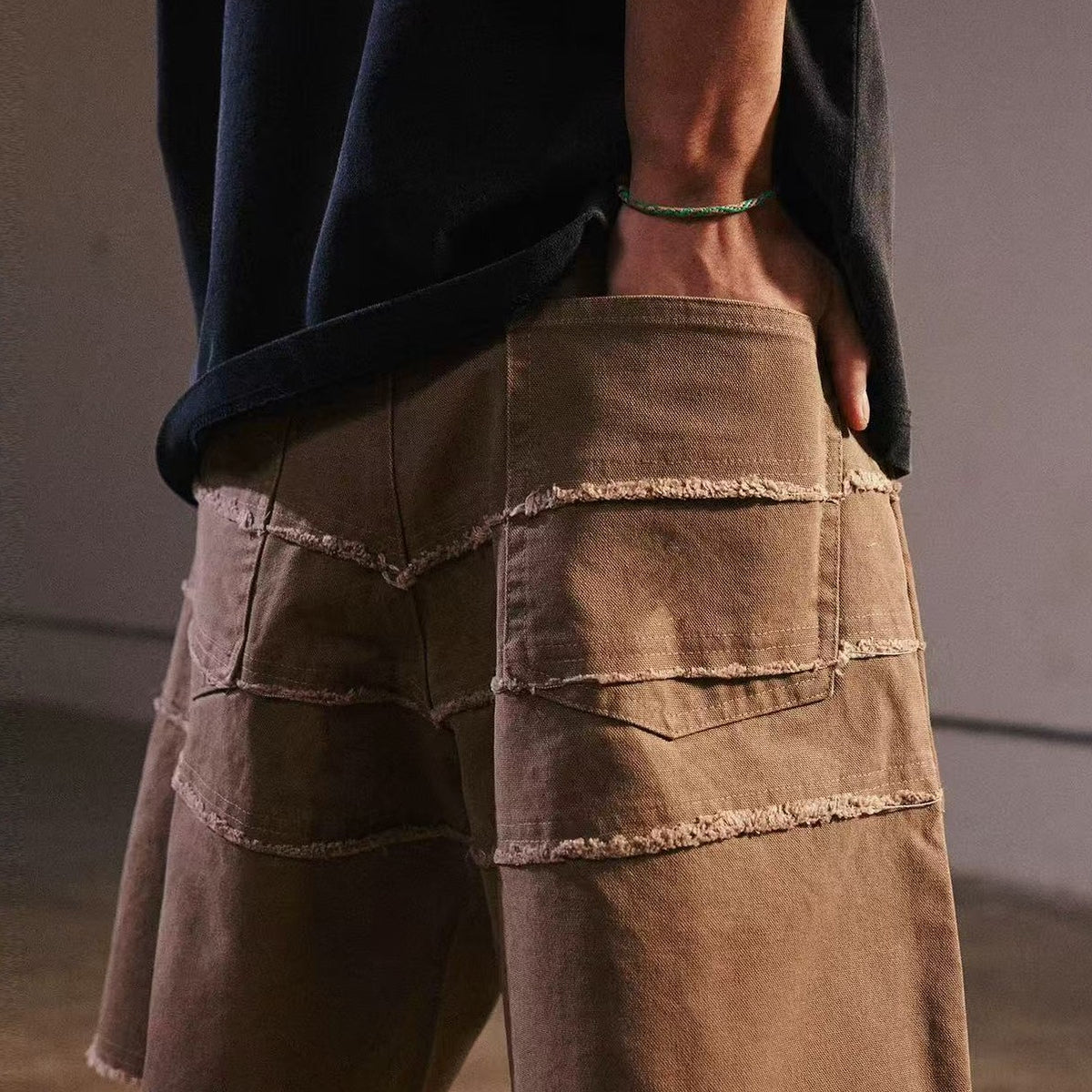 REMEDY Destroyed Fringe Paneled Denim Shorts