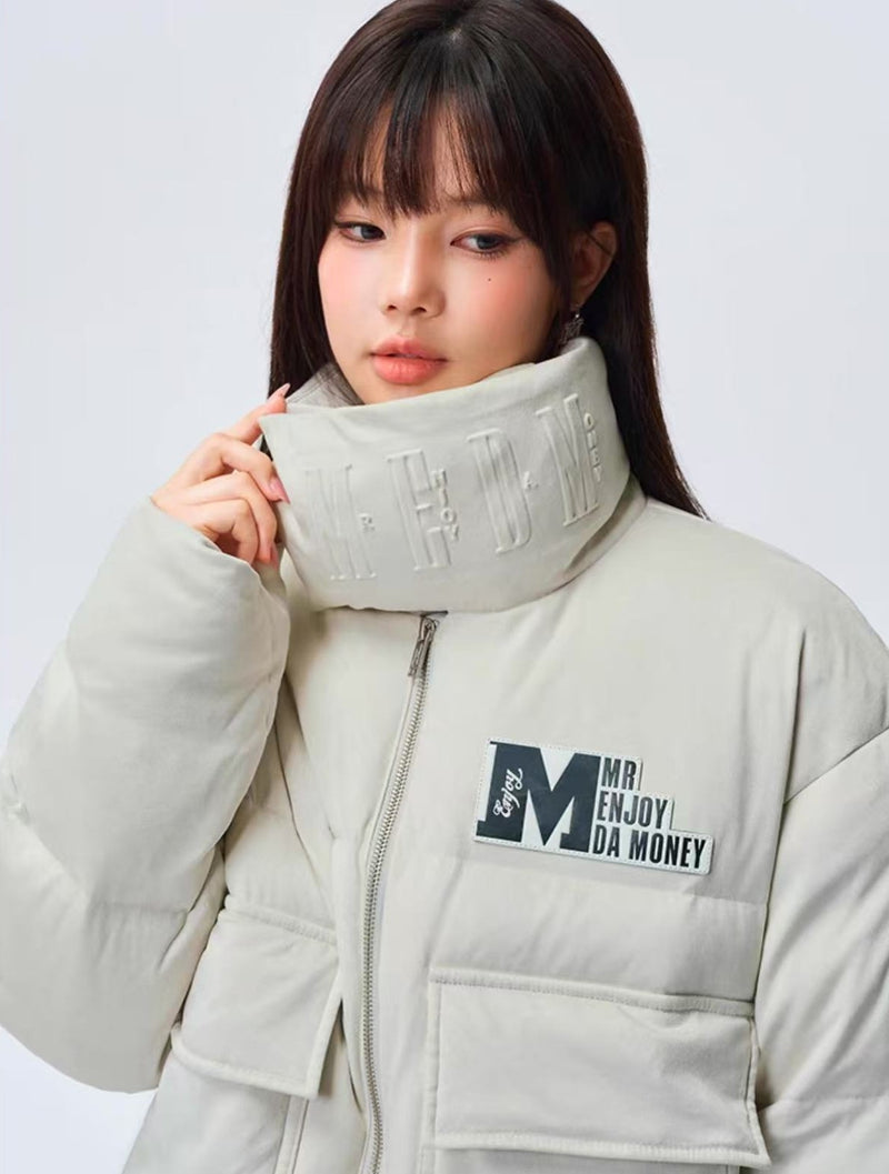 MEDM Logo Embossed Leather Label Scarf Down Jacket