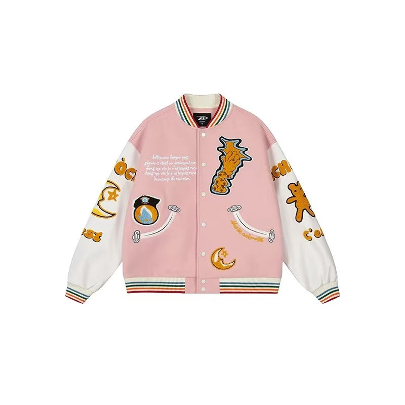 ACHOCK Crescent Bear Embroidered Baseball Jacket