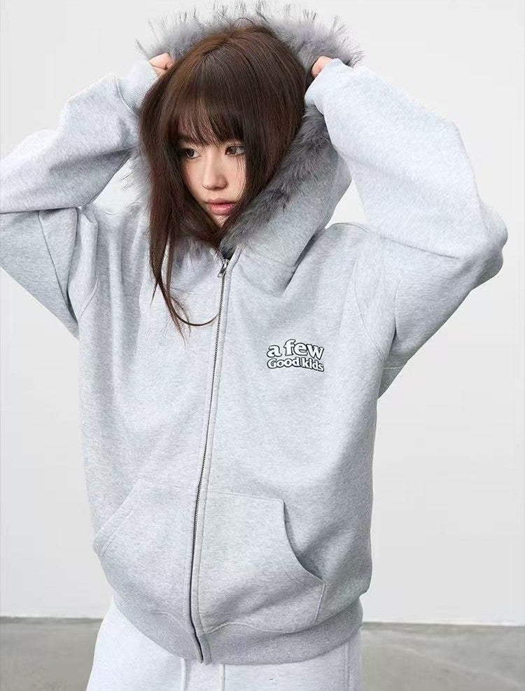 AFGK Retro Fur Collar Embroidered Hooded Cardigan Sweatshirt