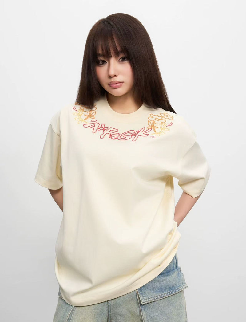 AFGK Floral Necklace Embroidered Short-sleeve T-Shirt