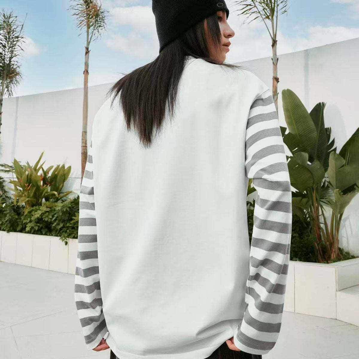 MEDM Contrast Collar Striped Long-sleeve T-Shirt