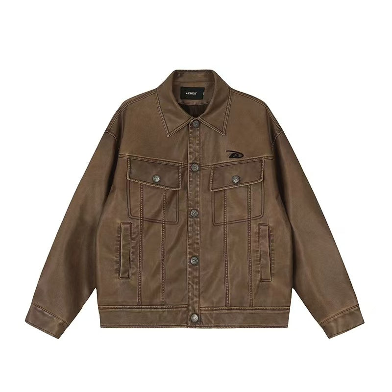 ACHOCK Vintage Washed Lapel Leather Jacket