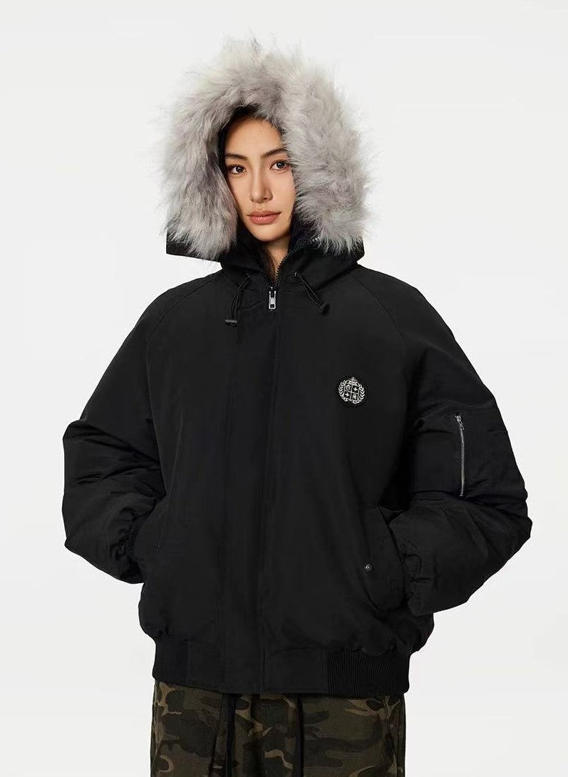 ACHOCK Logo Design Fur Collar Hooded Cotton Coat