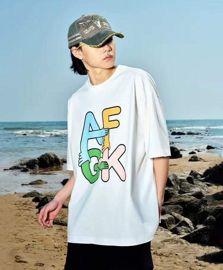 AFGK Holding Hands Fun Printed Short-sleeved T-shirt