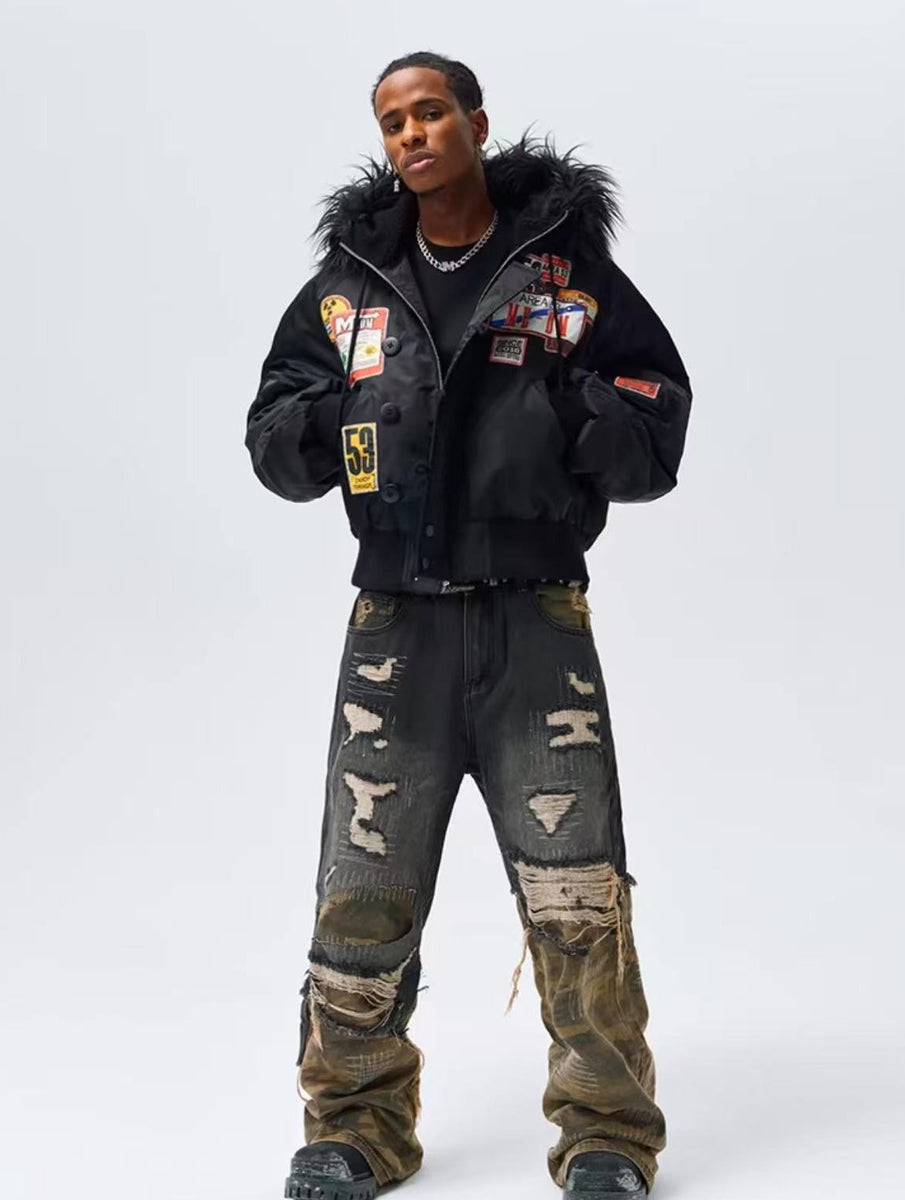 MEDM MA1 Down Jacket with License Plate Patch and Fur Collar Hood