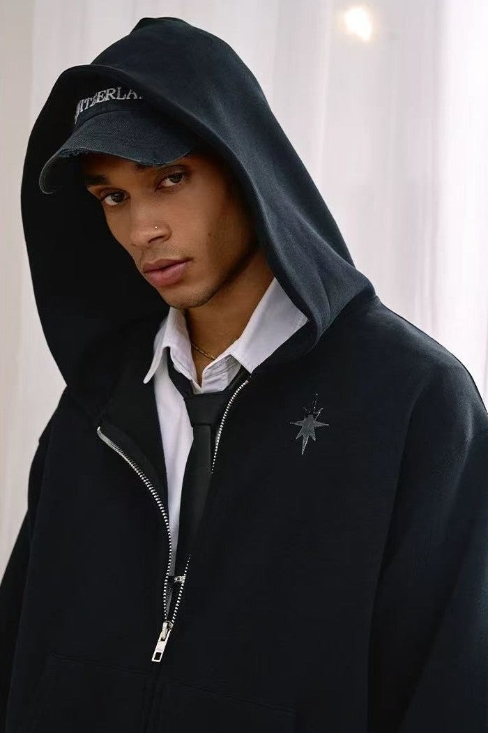 REMEDY Octagram Star Logo Print Hooded Zipper Sweatshirt