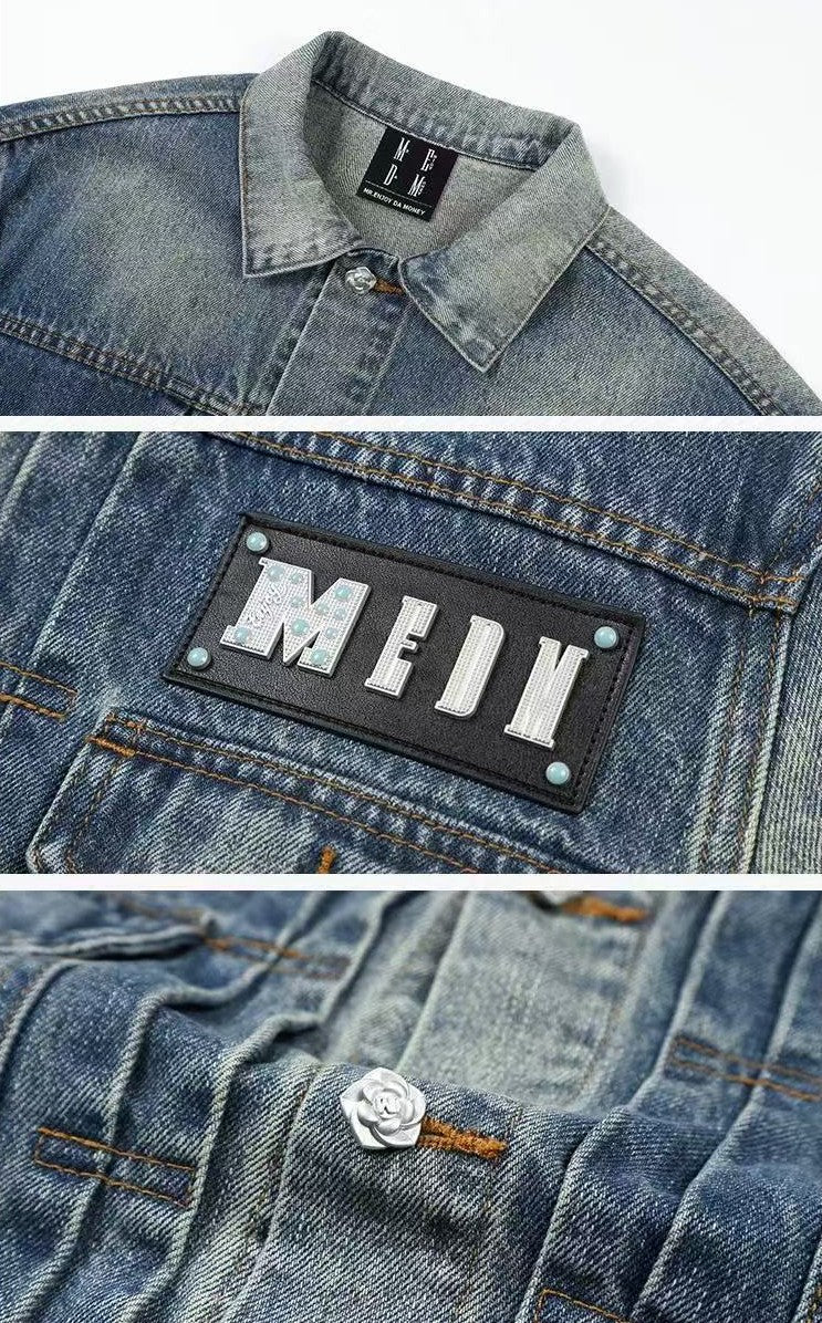 MEDM Leather Patch Distressed Washed Denim Jacket