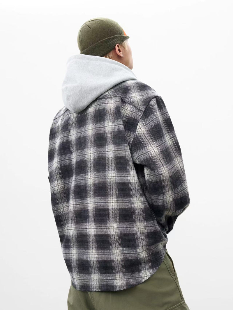 AFGK Vintage Plaid Hooded Long-sleeved Shirt
