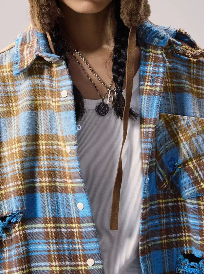 REMEDY Distressed Plaid Long-sleeve Shirt