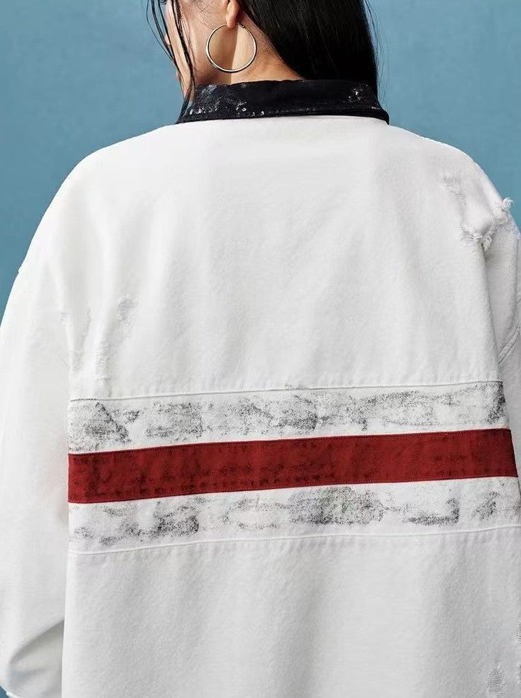 MEDM Contrast Color Striped Polo Long-sleeve T-shirt