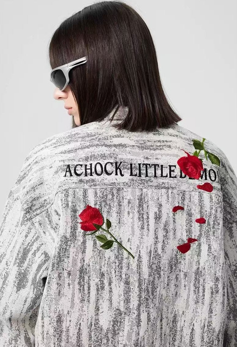 ACHOCK Rose Embroidery Washed Distressed Long-sleeve Shirt
