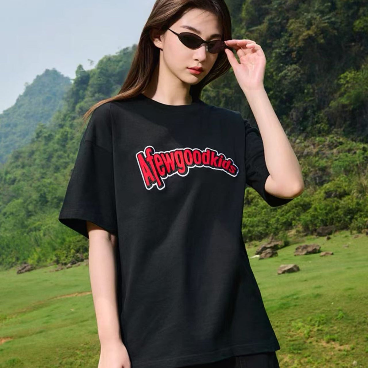 AFGK Curved Patch Embroidered Short-sleeved T-shirt