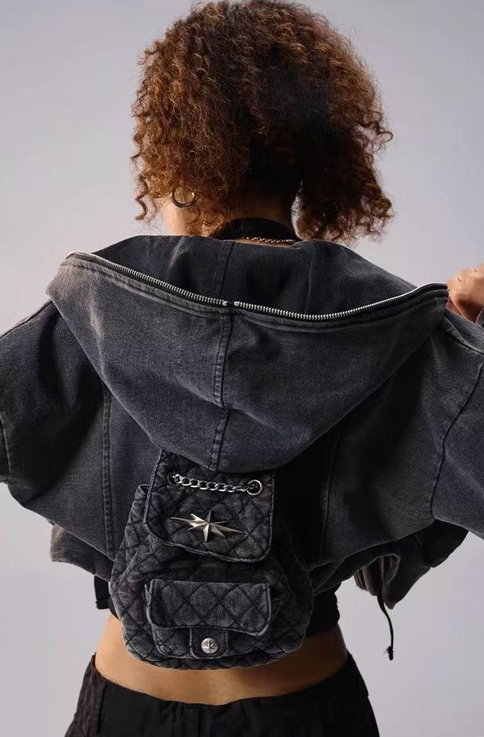 REMEDY Retro Distressed Washed Denim Backpack Hooded Jacket (For Women)