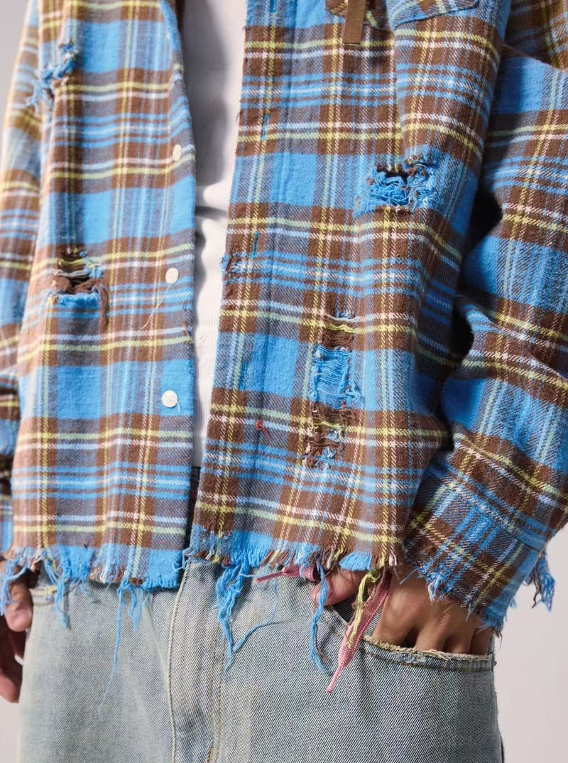 REMEDY Distressed Plaid Long-sleeve Shirt