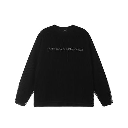 ACHOCK Fake Two-piece Heavy-duty Hollow Printed Long-sleeved T-shirt