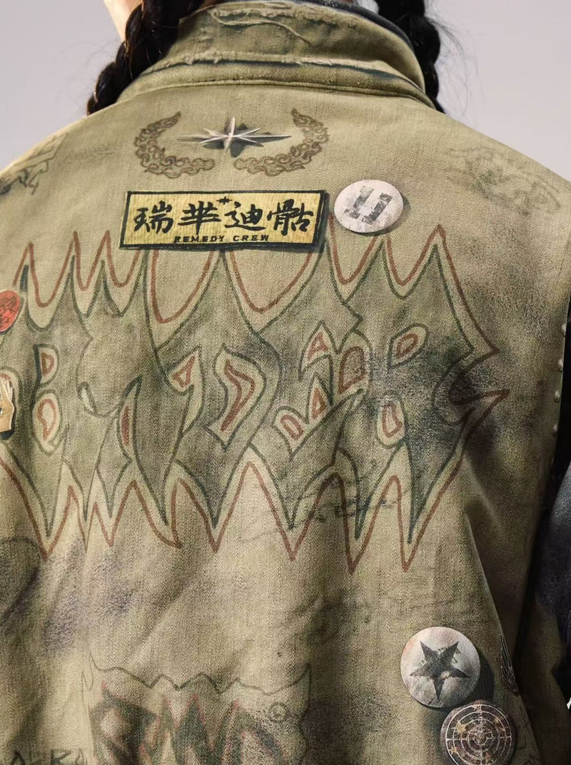 REMEDY Washed Printed Patchwork Bomber Jacket