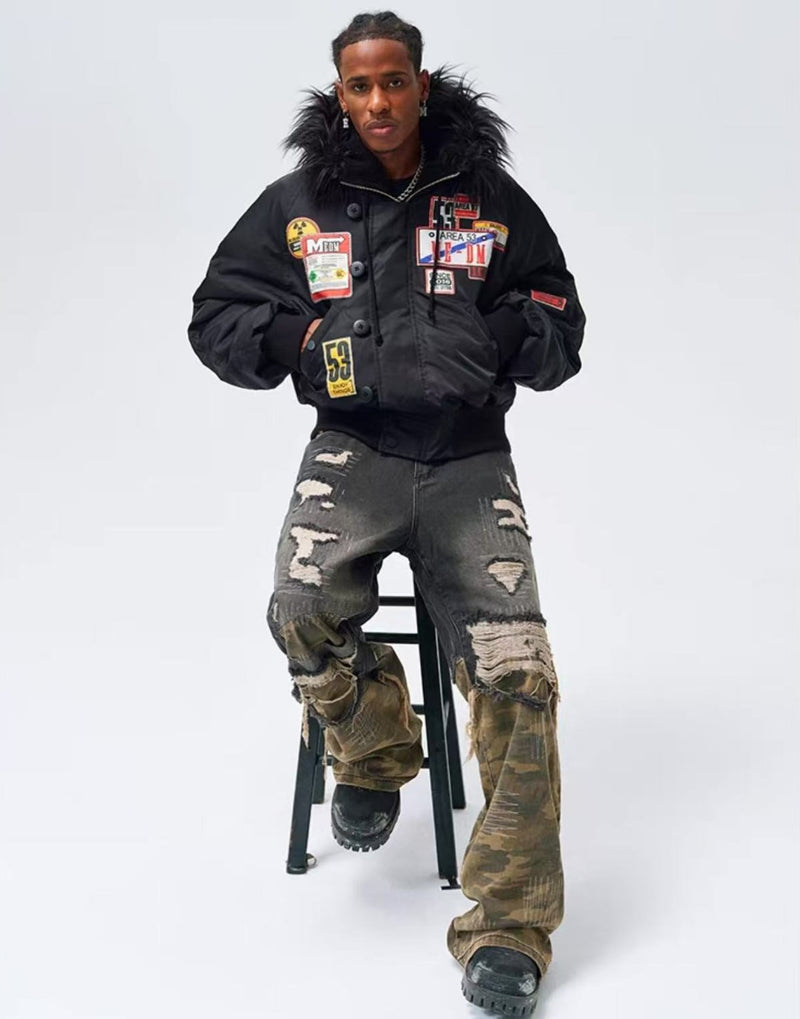 MEDM MA1 Down Jacket with License Plate Patch and Fur Collar Hood