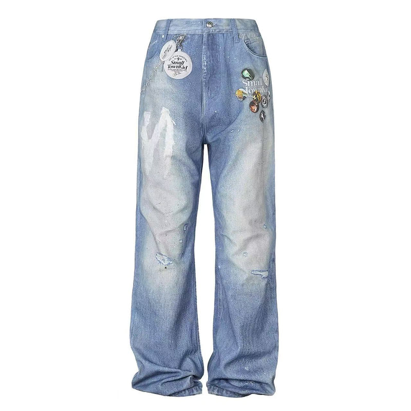 STK Vintage Distressed Wash 3D Badge Print Jeans