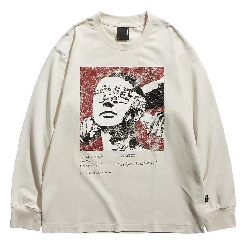 REMEDY Retro Distressed Printing Long-sleeve Tee