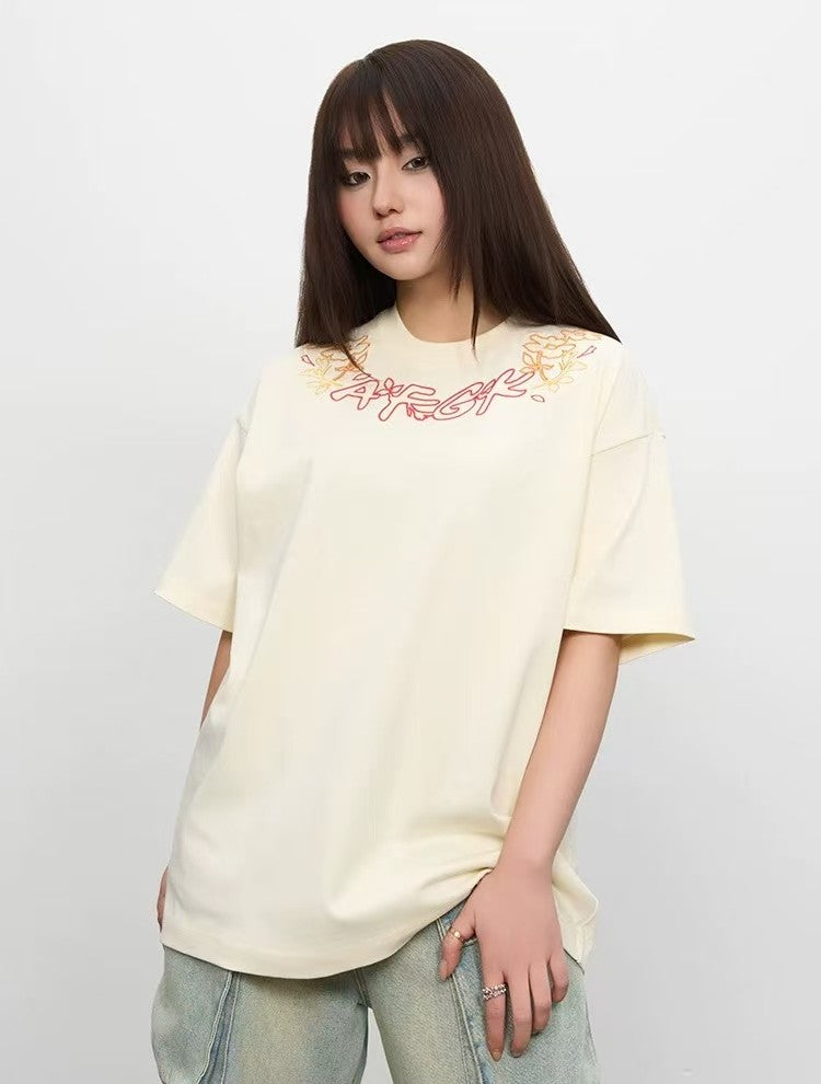 AFGK Floral Necklace Embroidered Short-sleeve T-Shirt