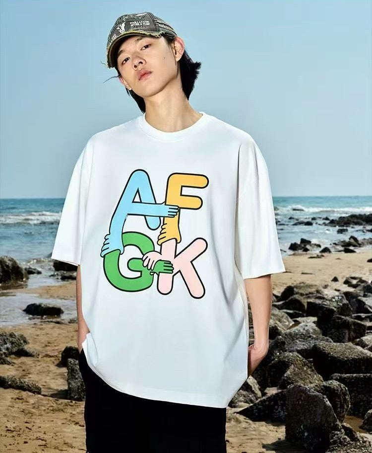 AFGK Holding Hands Fun Printed Short-sleeved T-shirt