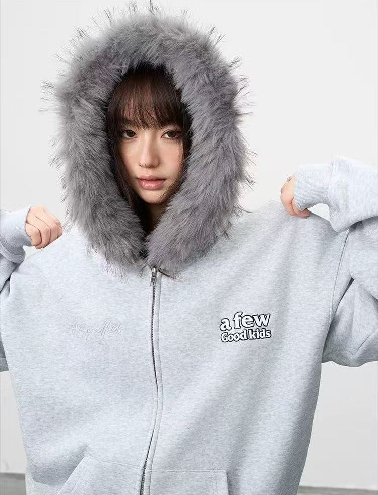 AFGK Retro Fur Collar Embroidered Hooded Cardigan Sweatshirt