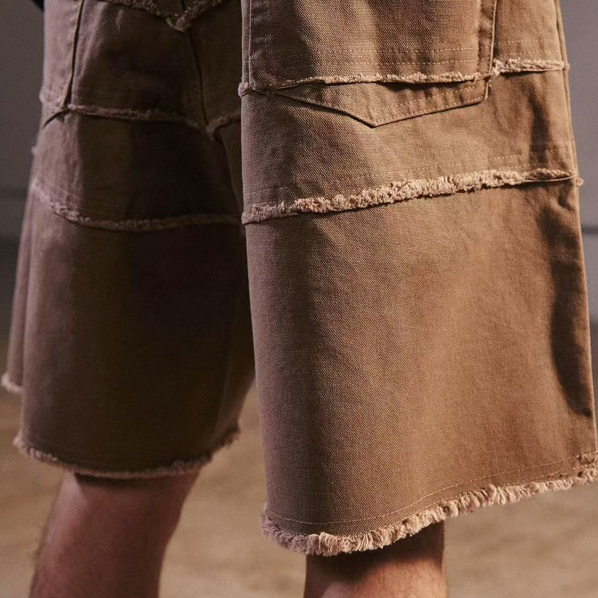 REMEDY Destroyed Fringe Paneled Denim Shorts