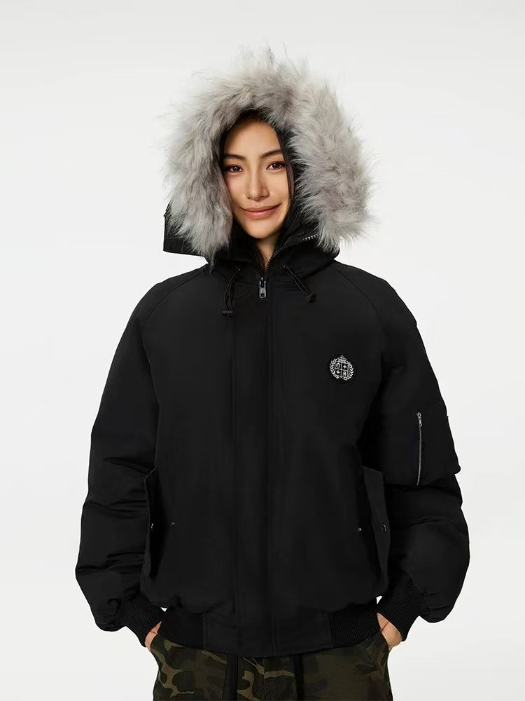 ACHOCK Logo Design Fur Collar Hooded Cotton Coat