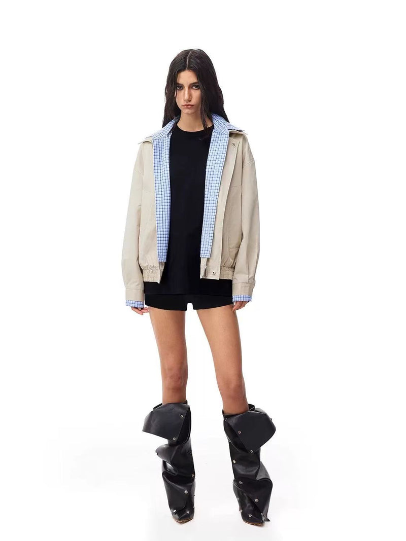 FDR Contrast Patchwork Plaid Fake Two-piece Jacket