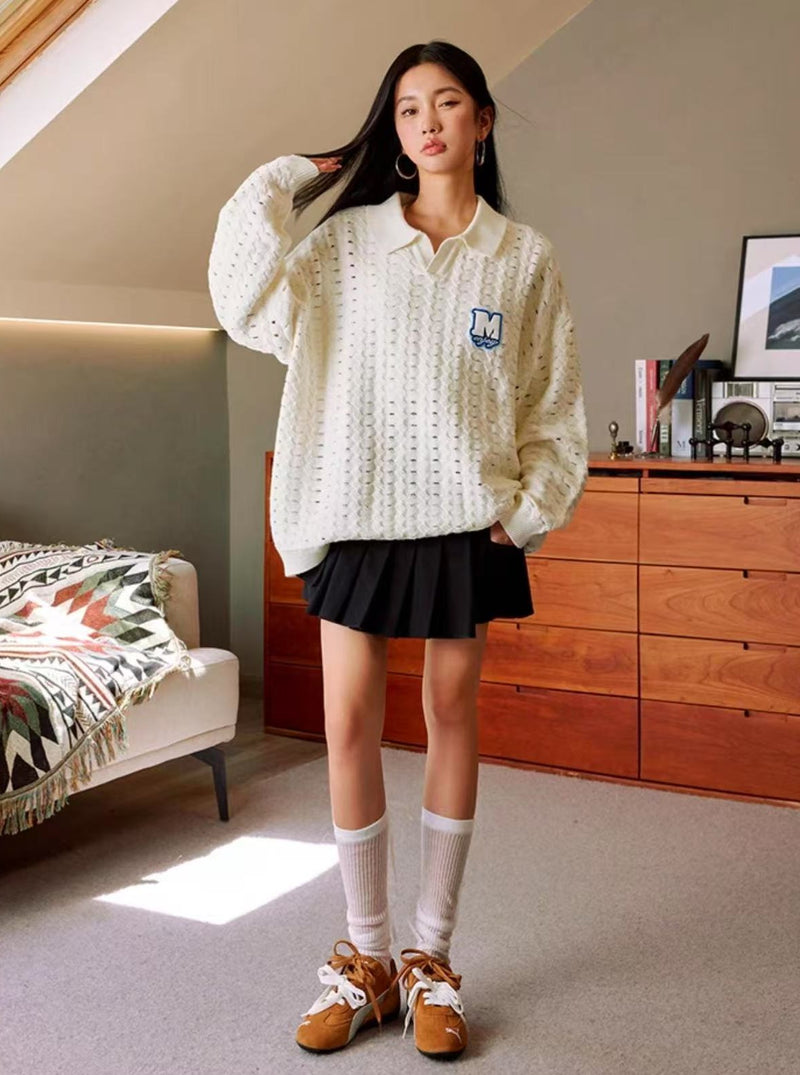 MEDM Hole Knit Long-sleeve Polo