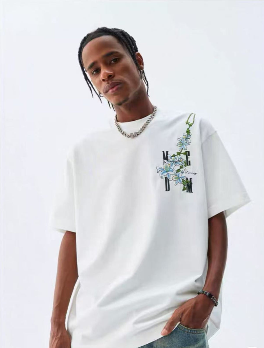 MEDM Vine and Flower Embroidered Short-sleeved T-shirt