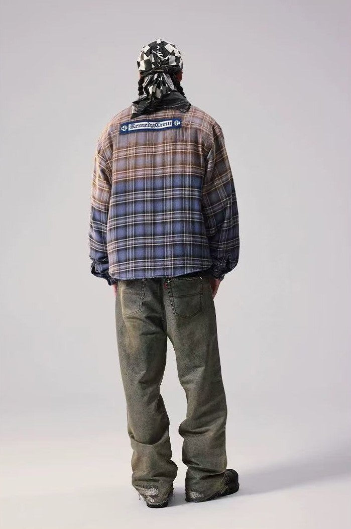 REMEDY Thickened Gradient Distressed Plaid Fur Collar Cotton Coat