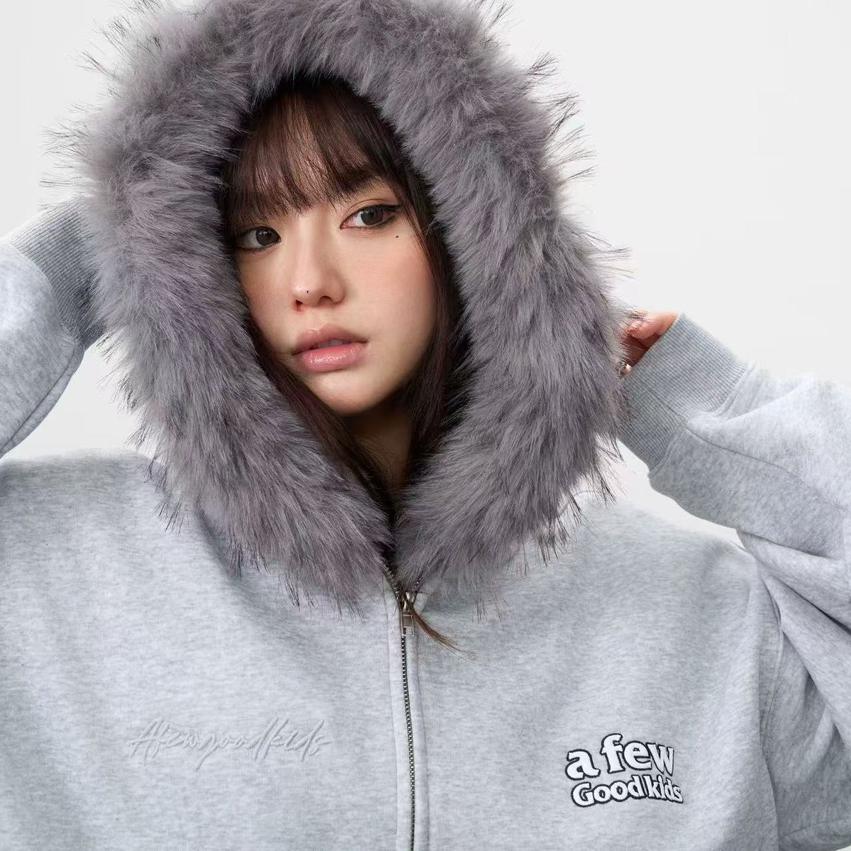 AFGK Retro Fur Collar Embroidered Hooded Cardigan Sweatshirt