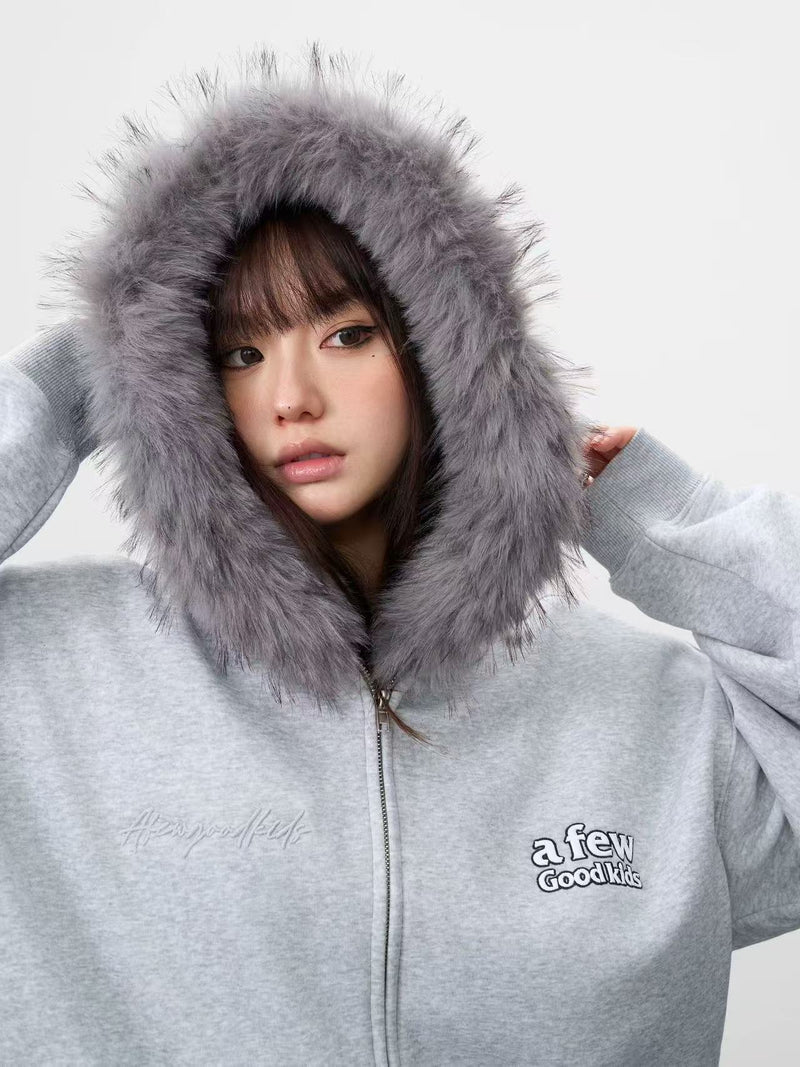 AFGK Retro Fur Collar Embroidered Hooded Cardigan Sweatshirt