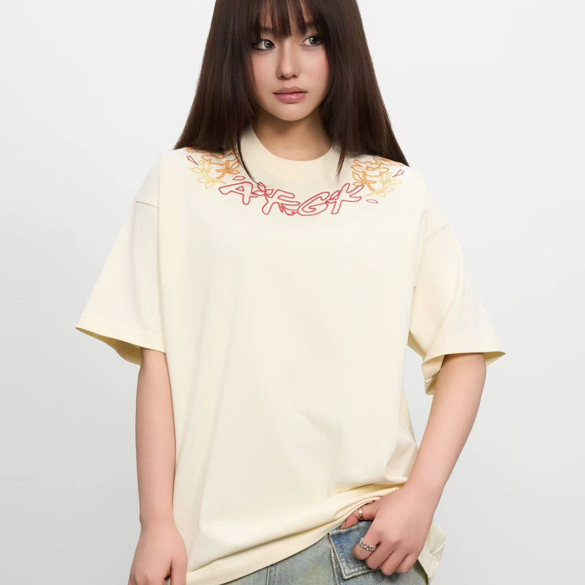 AFGK Floral Necklace Embroidered Short-sleeve T-Shirt
