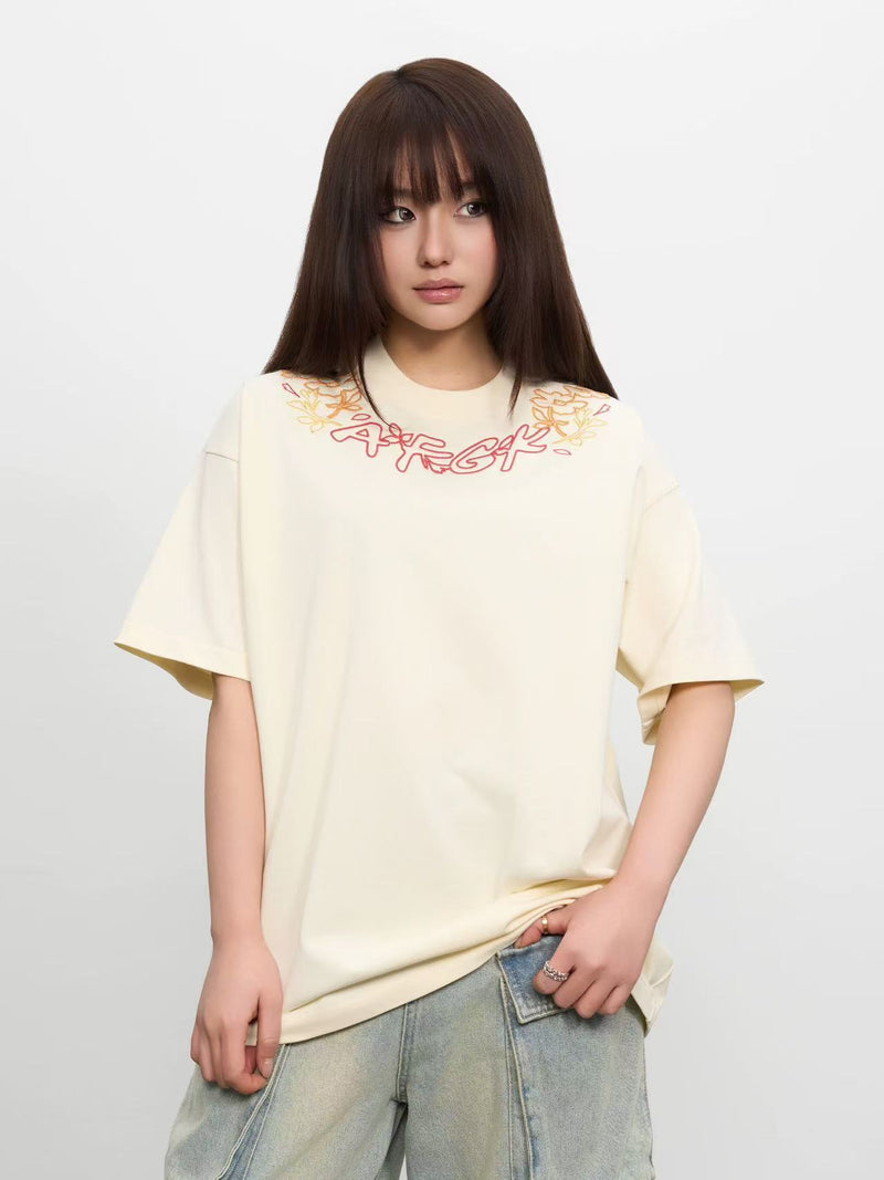 AFGK Floral Necklace Embroidered Short-sleeve T-Shirt