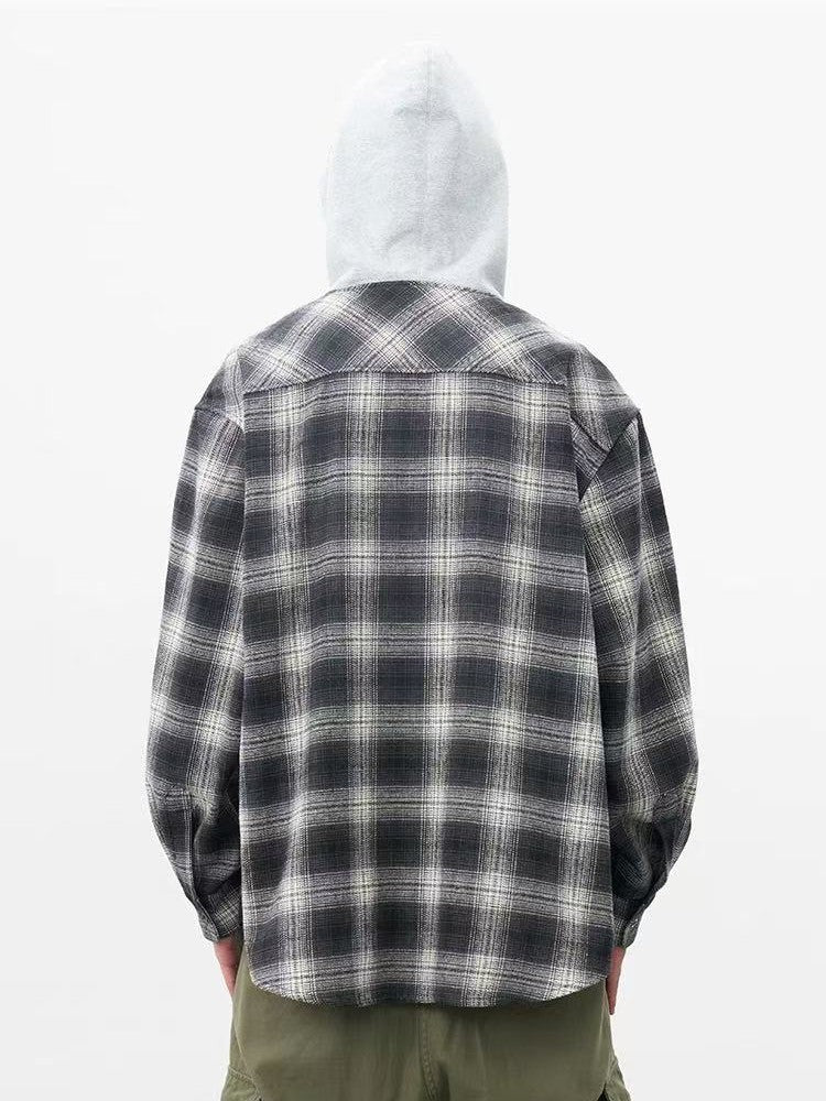 AFGK Vintage Plaid Hooded Long-sleeved Shirt