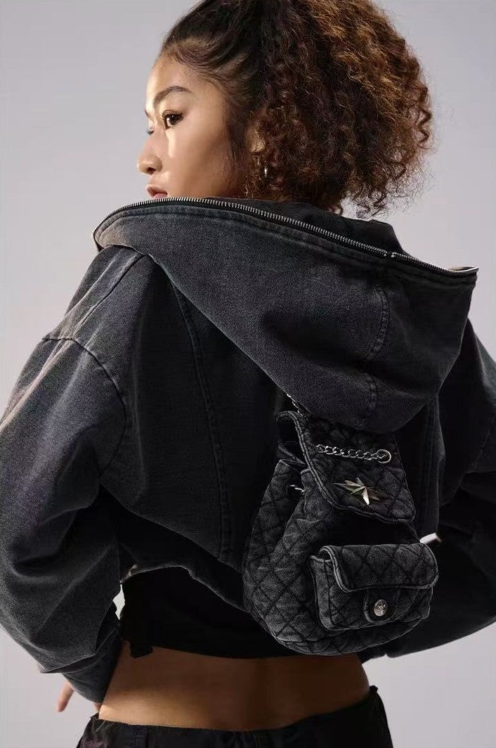 REMEDY Retro Distressed Washed Denim Backpack Hooded Jacket (For Women)