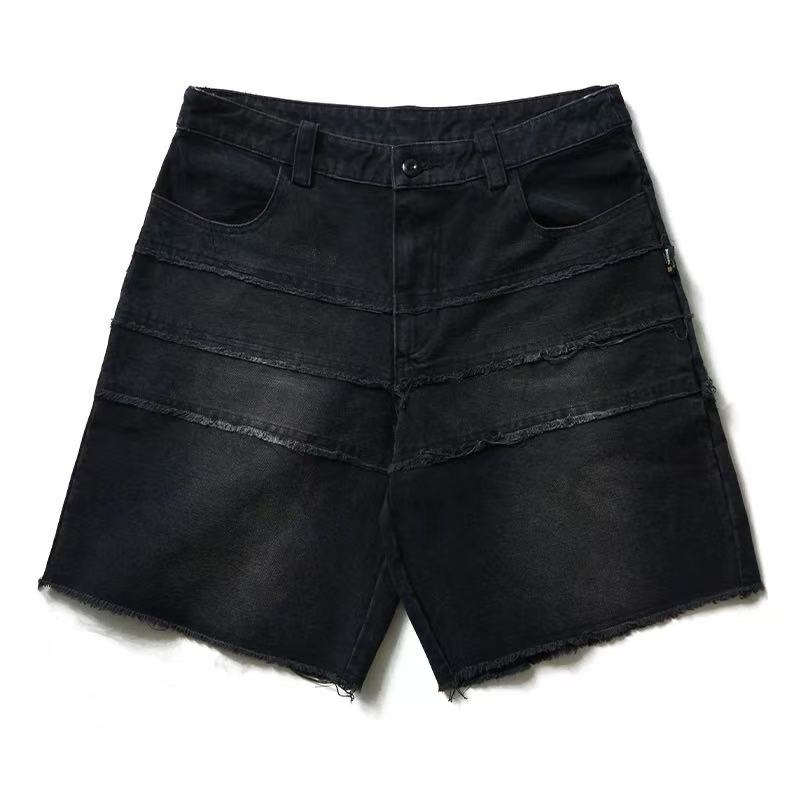 REMEDY Destroyed Fringe Paneled Denim Shorts