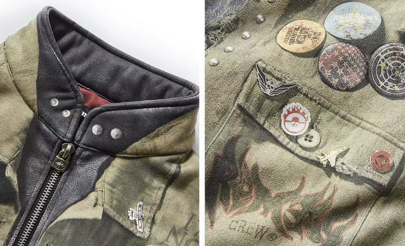 REMEDY Washed Printed Patchwork Bomber Jacket