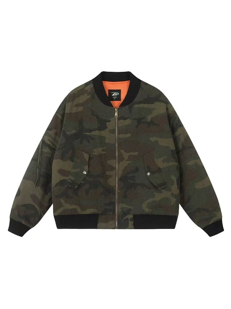 ACHOCK Washed Distressed Camouflage Cotton Bomber Jacket
