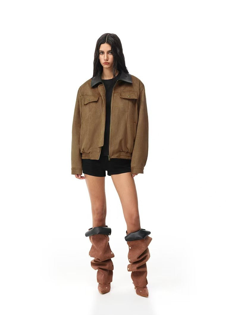 FDR Retro Contrast Lapel Suede Jacket (For Women)